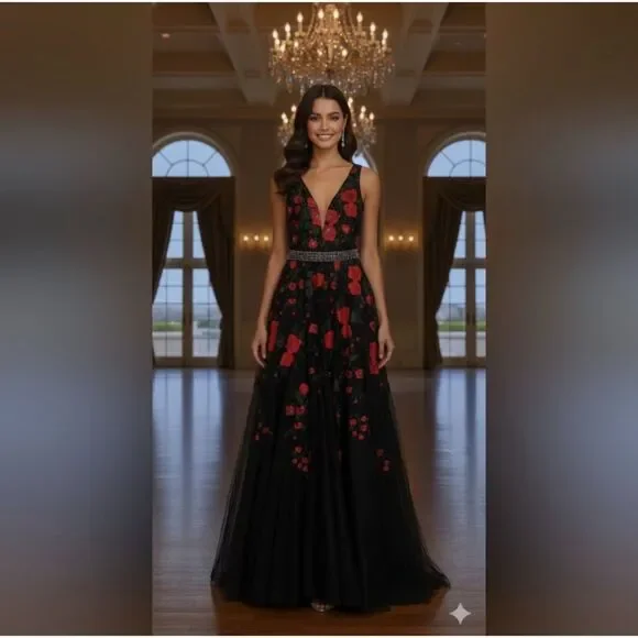 NWT Size 4 Ellie Wilde floral embroidered ball gown crystal belt v neck - Picture 7 of 9